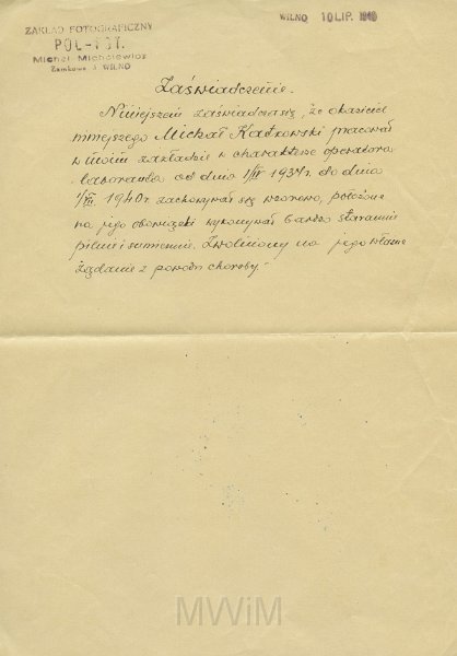 KKE 5529.jpg - Dok. Zaświadczenie potwierdzające stanowisko pracy dotyczące Michała Katkowskiego, Wilno, 10 VII 1940 r.
